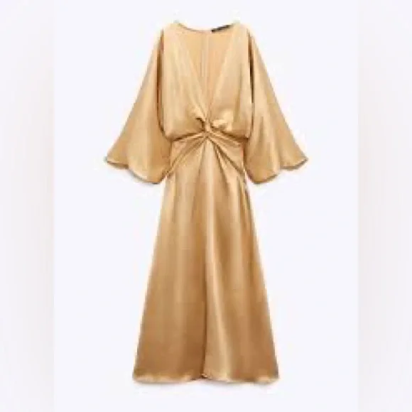 NWT ZARA WOMAN GOLD SATIN-EFFECT DRESS WITH KNOT DETAIL 9372/260/303